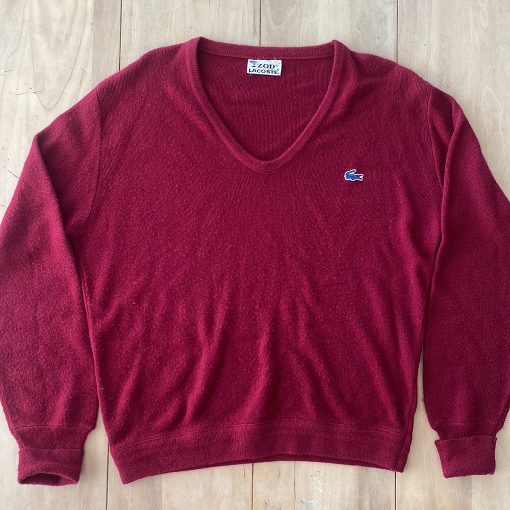 Vintage 60s IZOD LACOSTE Men's Pullover Grandpa Sweater V-Neck Red Crimson Sz L - Picture 5 of 7